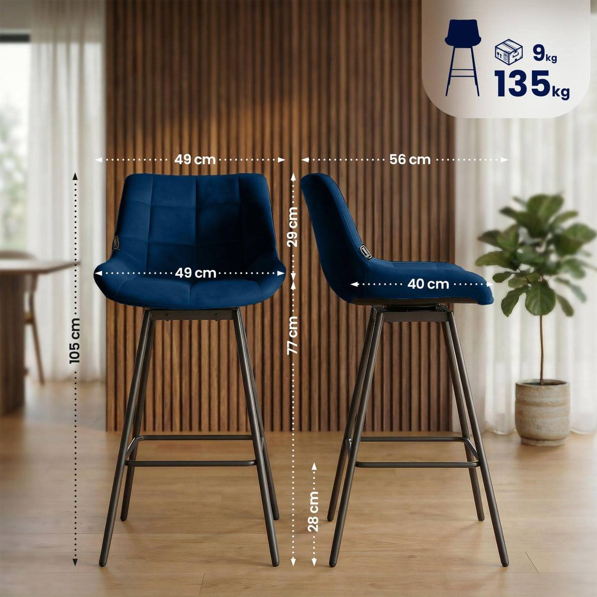Set van 4 barkrukken Weston, draaibaar blauw,Fluweel blau