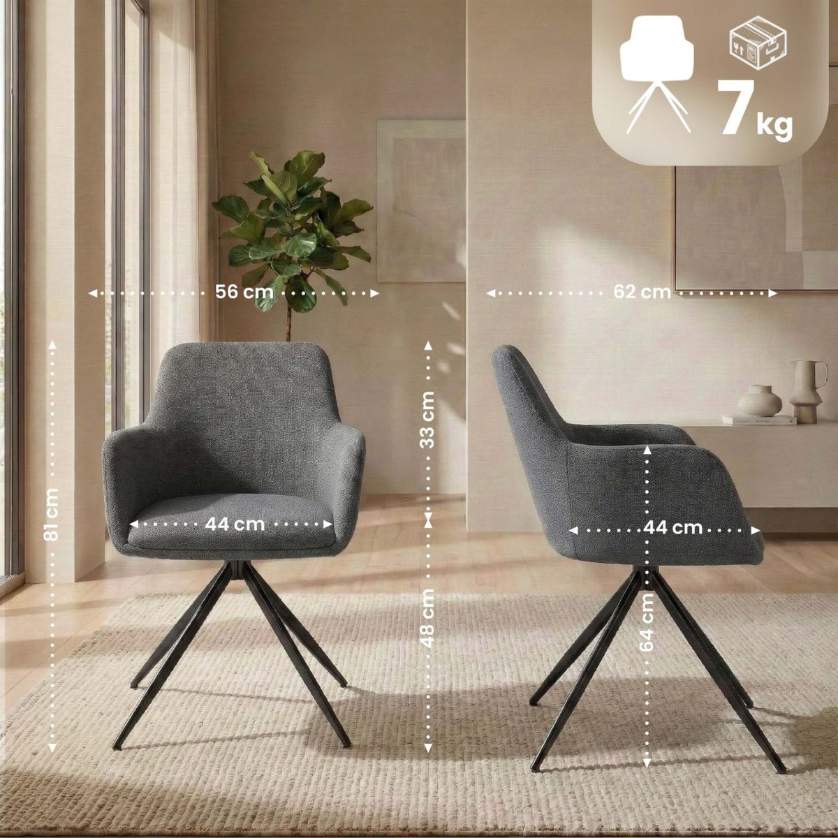 2er Set Esszimmerstuhl Olema Stoff grau