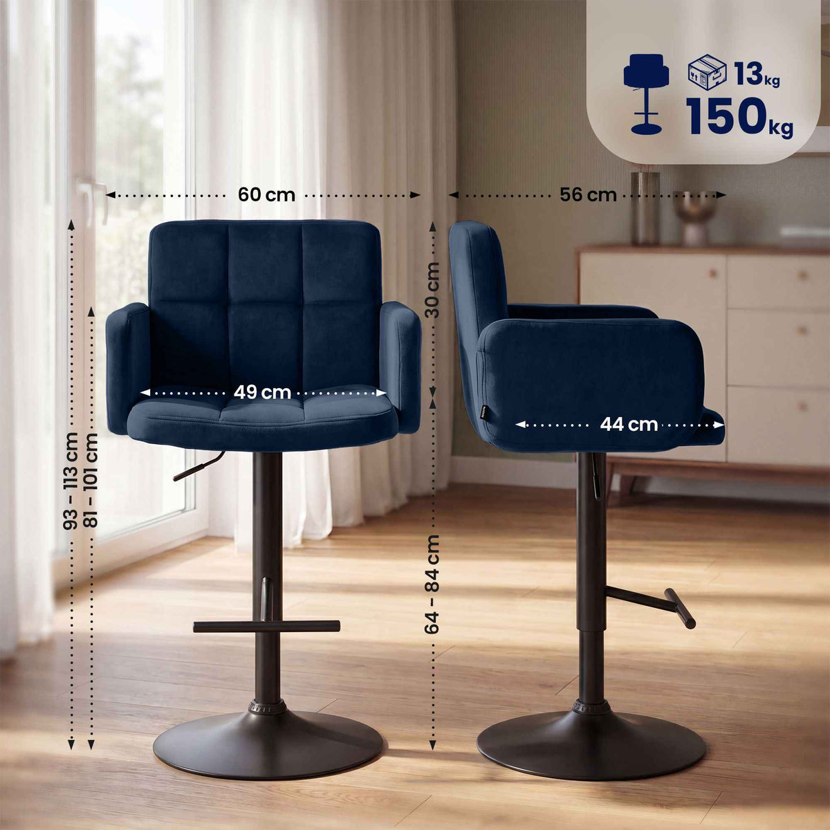 Barhocker Los Angeles Samt schwarz blau