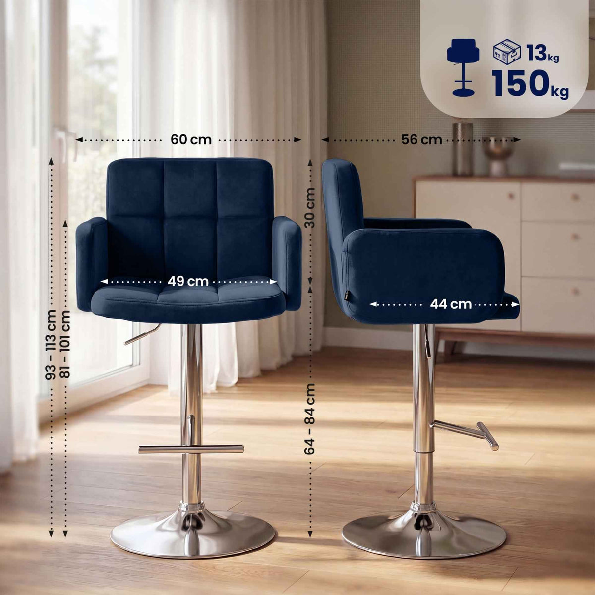 Barhocker Los Angeles Samt chrom blau