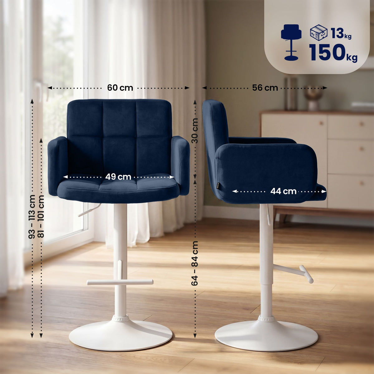 2er Set barkrukken Los Angeles fluweel blauw,wit blau