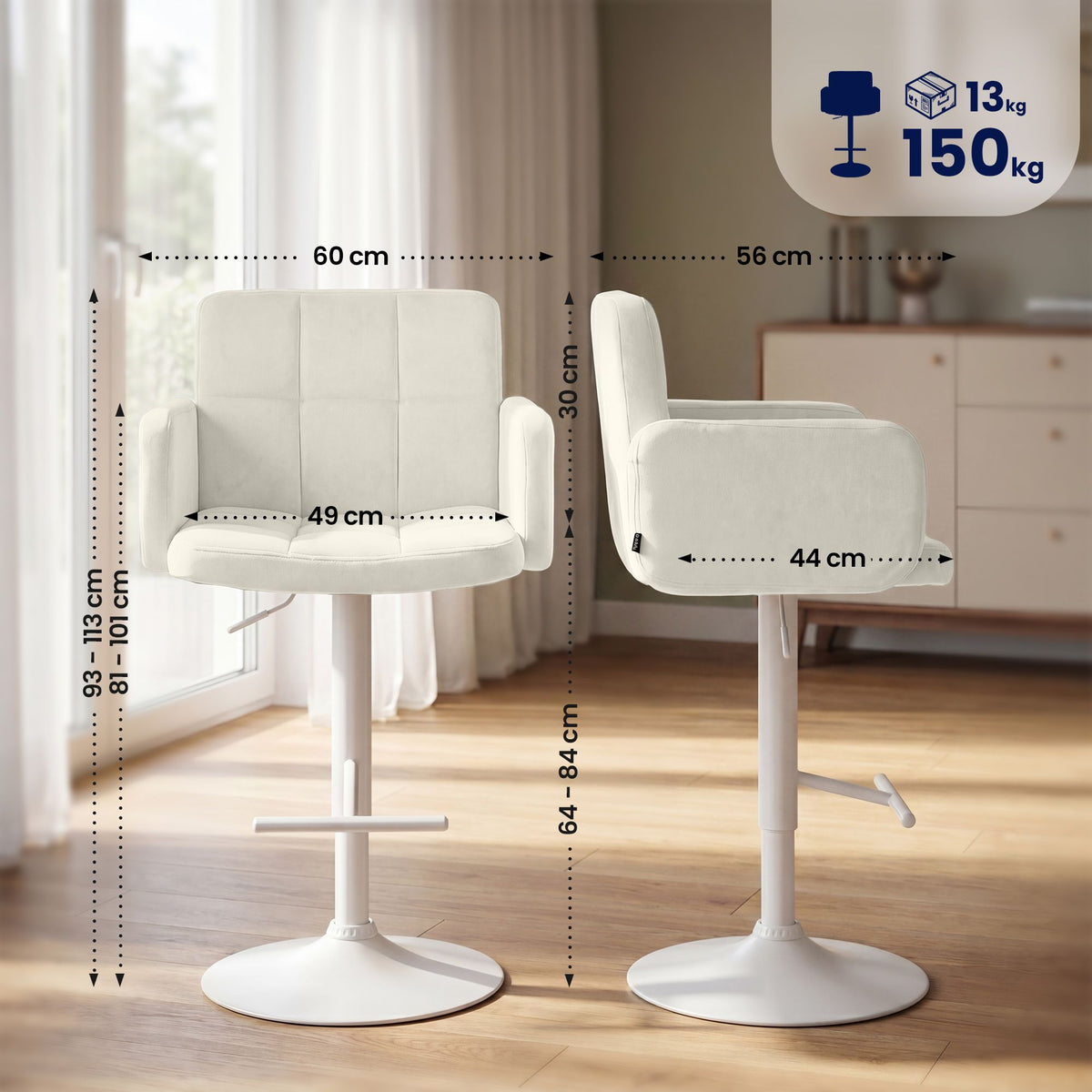 2er Set barkrukken Los Angeles fluweel creme,wit creme