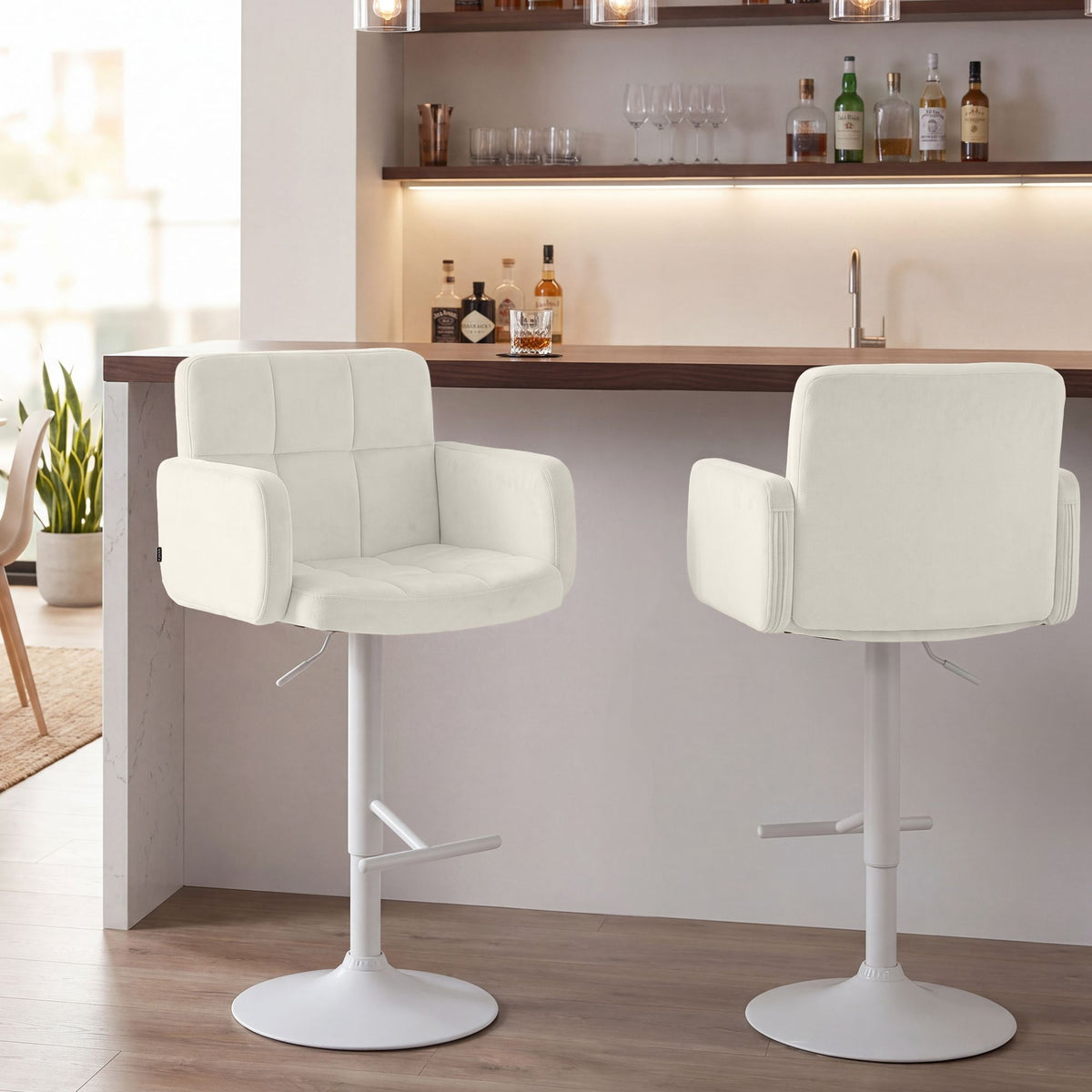 2er Set barkrukken Los Angeles fluweel creme,wit creme