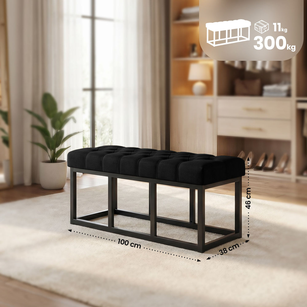 Zitbank Amun stof met zwart onderstel zwart,100 cm schwarz