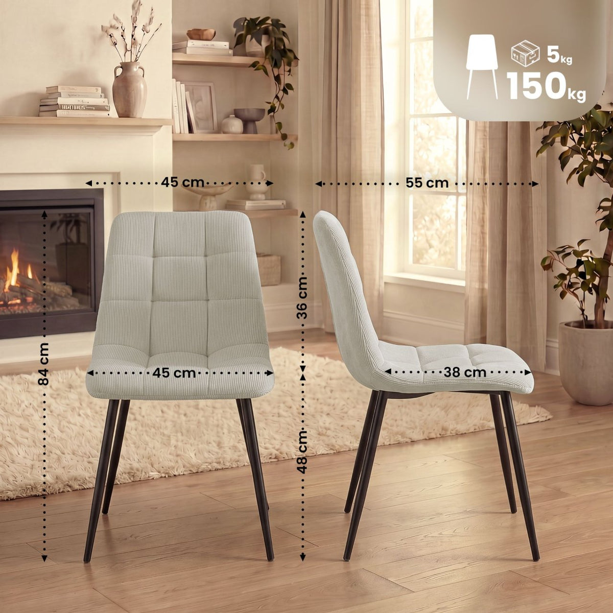 2er Set Esszimmerstuhl Tilde Cord creme