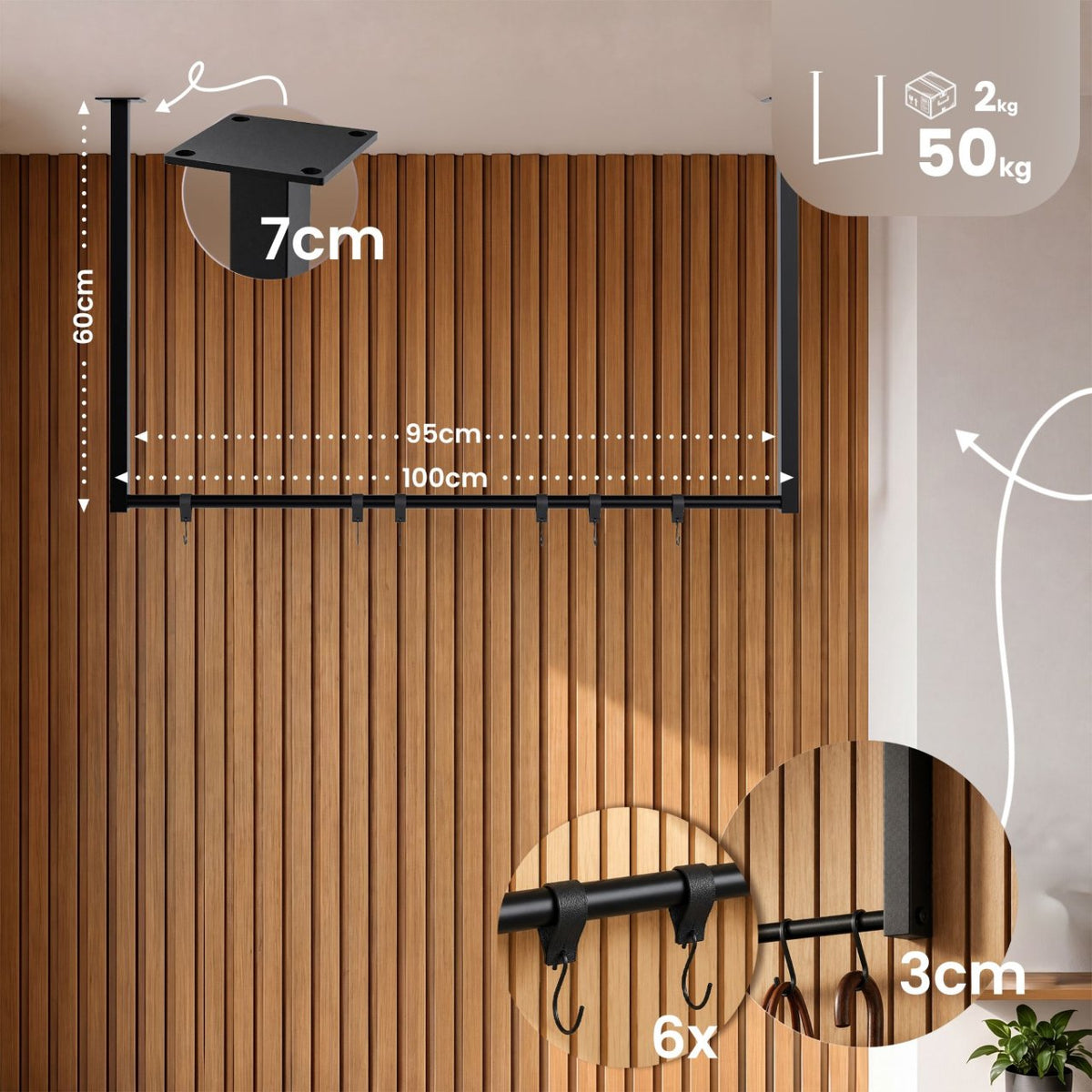 Kledingstang Fenton met 6 haken 100x60 cm schwarz