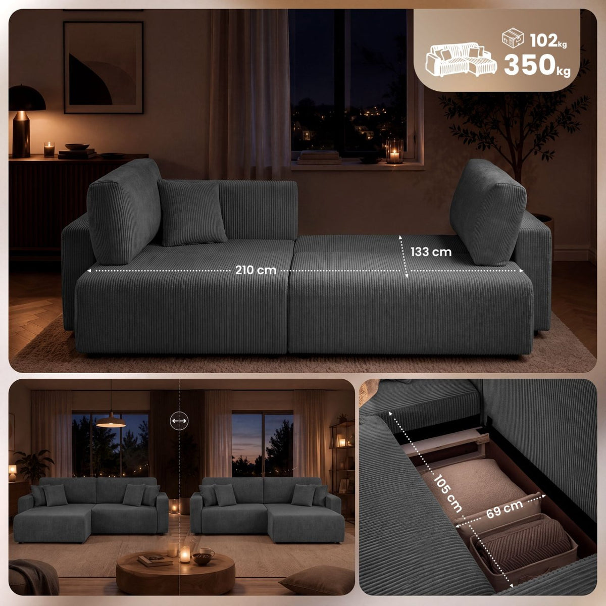 Ecksofa Brescia 4 Sitzer Cord dunkelgrau