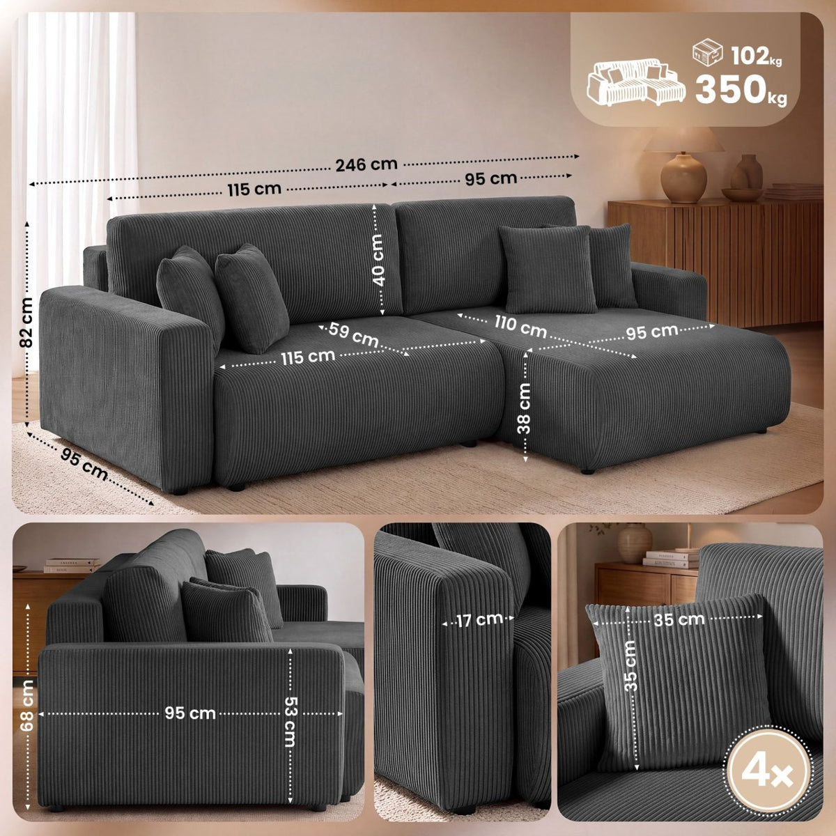 Ecksofa Brescia 4 Sitzer Cord dunkelgrau