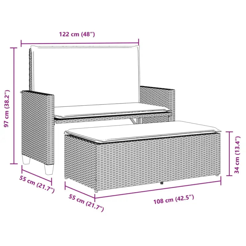 2-in-1 tuinbank van gepoedercoat staal en poly rattan met comfortabele zitervaring - Tuinbanken