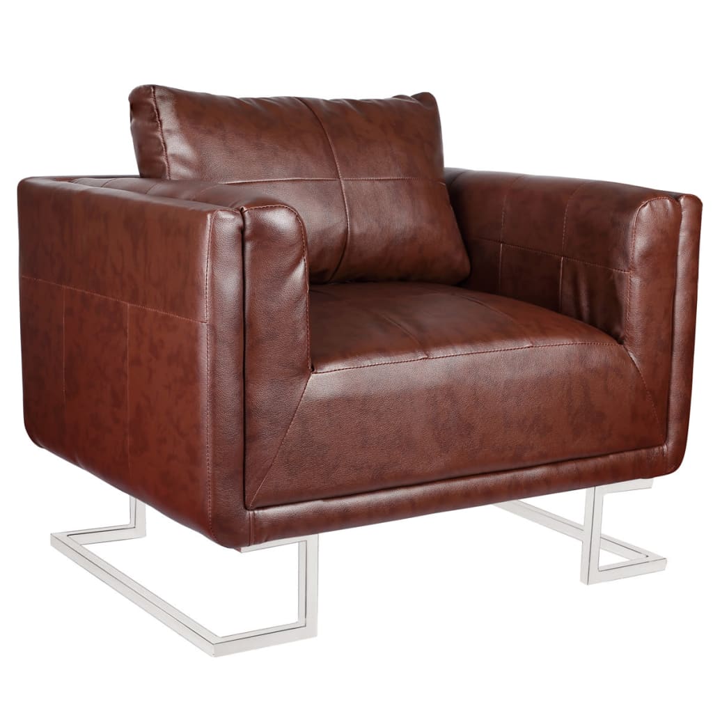 vidaXL Fauteuil met verchroomde poten kubus kunstleer bruin - Aashly