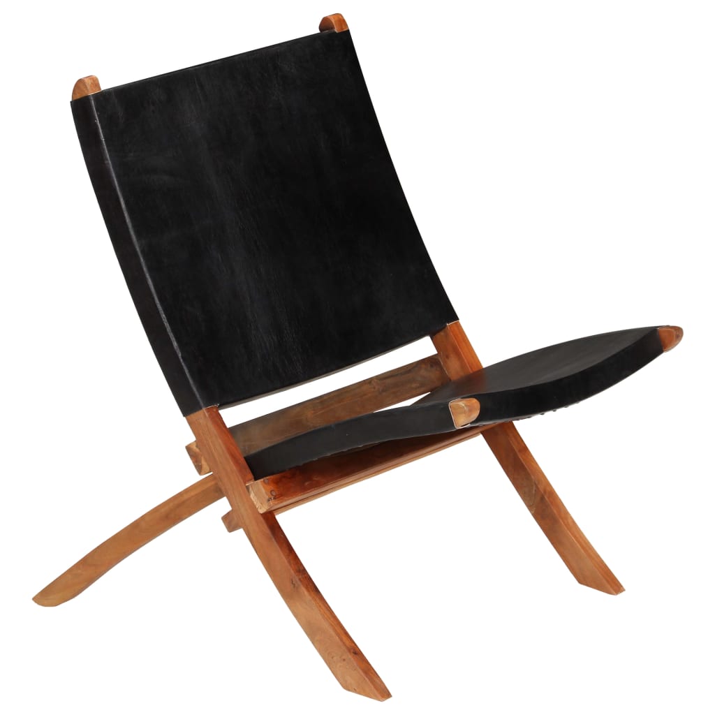 vidaXL Folding Relax Chair Genuine Leather Black