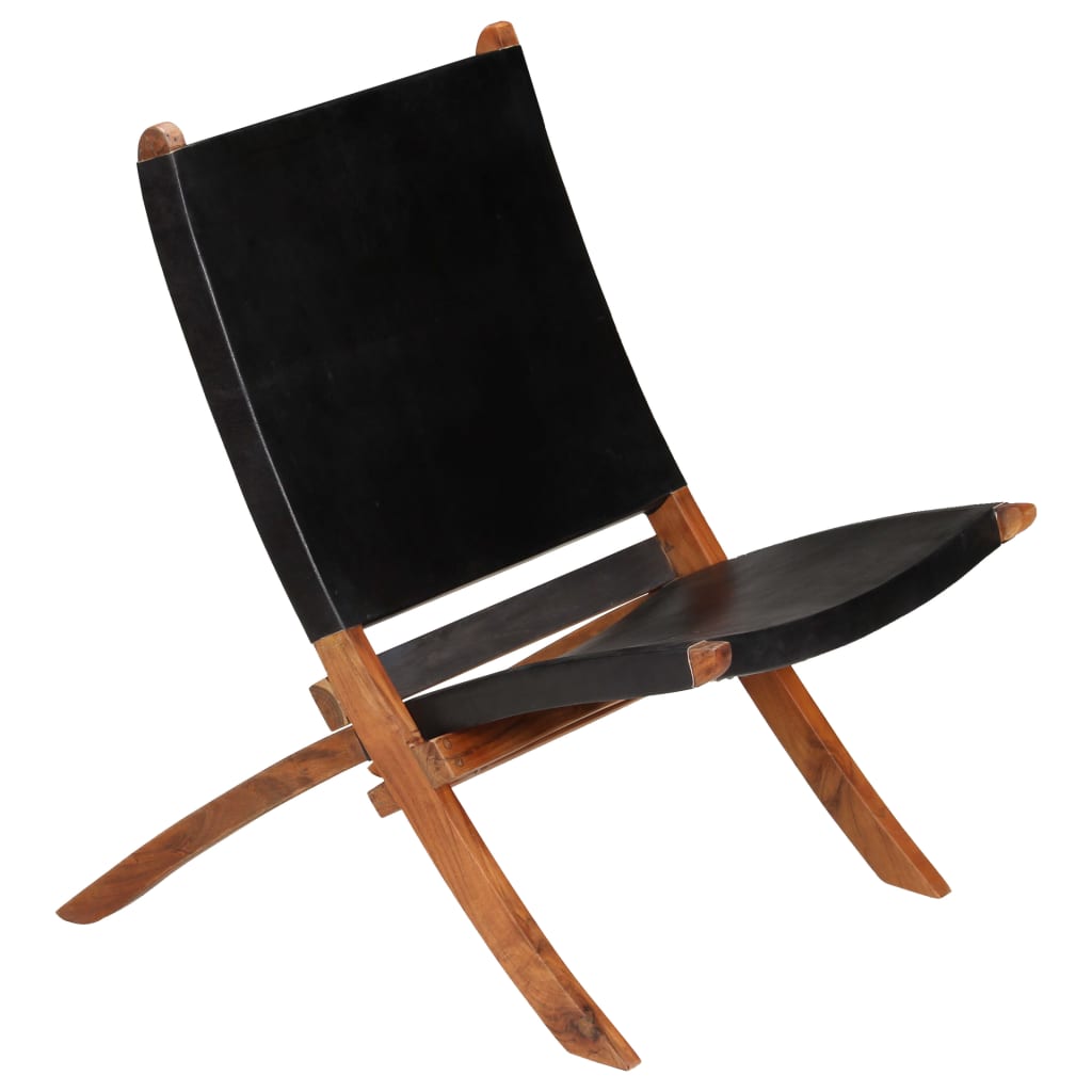 vidaXL Folding Relax Chair Genuine Leather Black