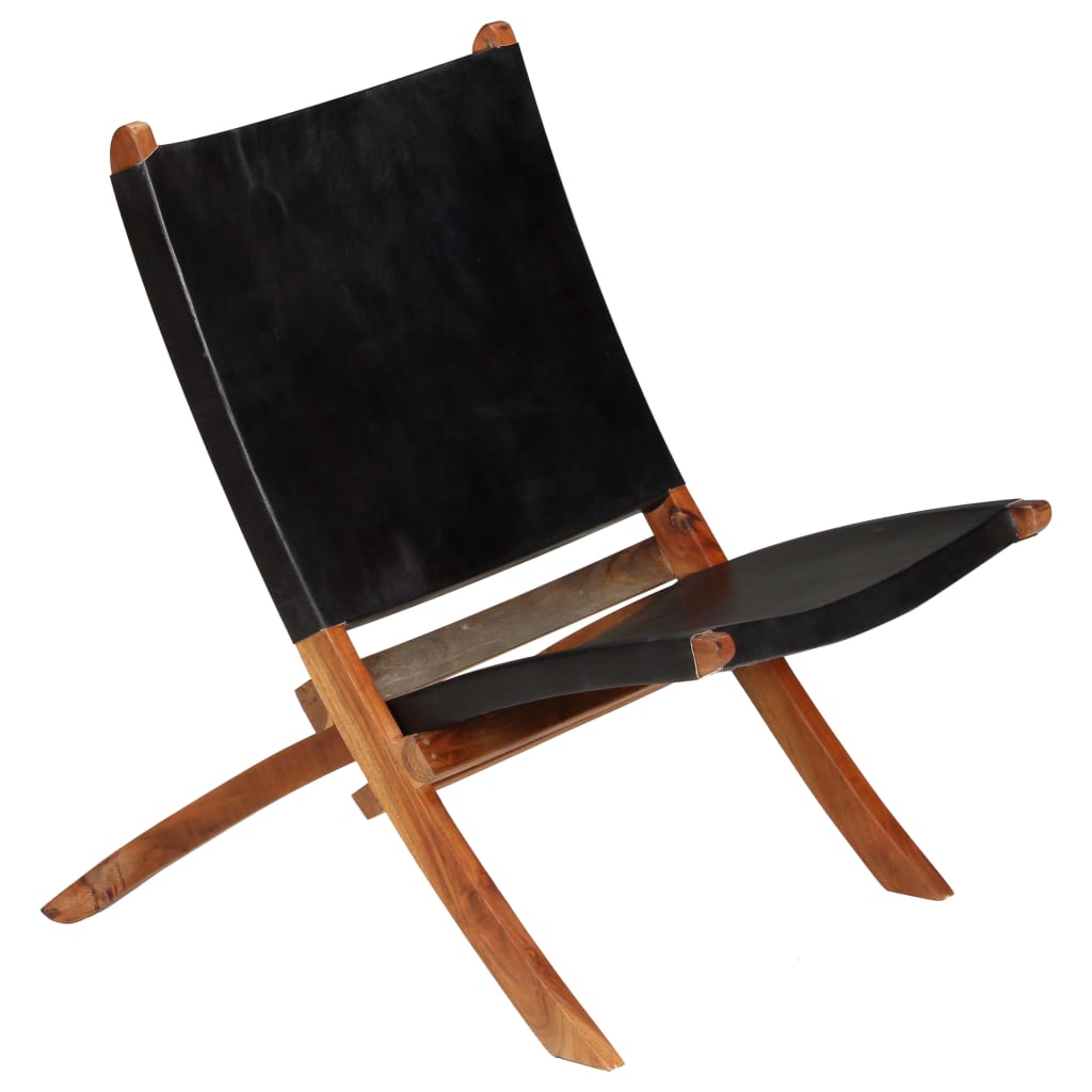 vidaXL Folding Relax Chair Genuine Leather Black