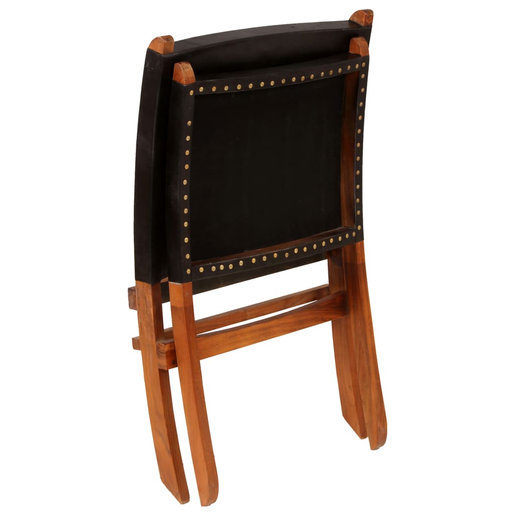 vidaXL Folding Relax Chair Genuine Leather Black