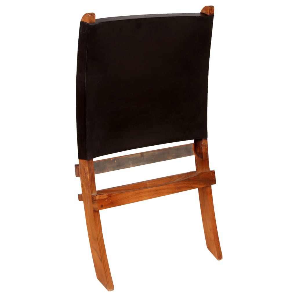 vidaXL Folding Relax Chair Genuine Leather Black