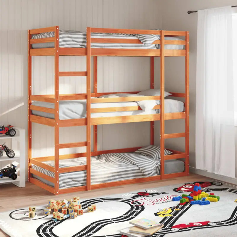 3 persoons stapelbed van massief grenenhout voor kleine kamers - Wasbruin / 90 x 190 cm - Bedden & bedframes