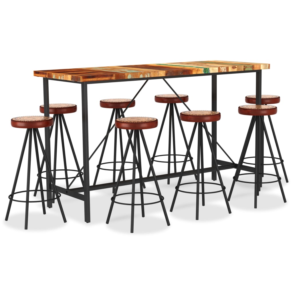 vidaXL 9-Piece Bar Set Solid Reclaimed Wood, Genuine Leather and Canvas