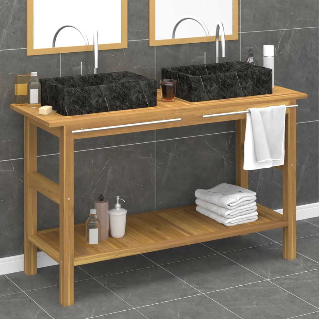 vidaXL Washbasin cabinet with sinks solid teak wood marble black