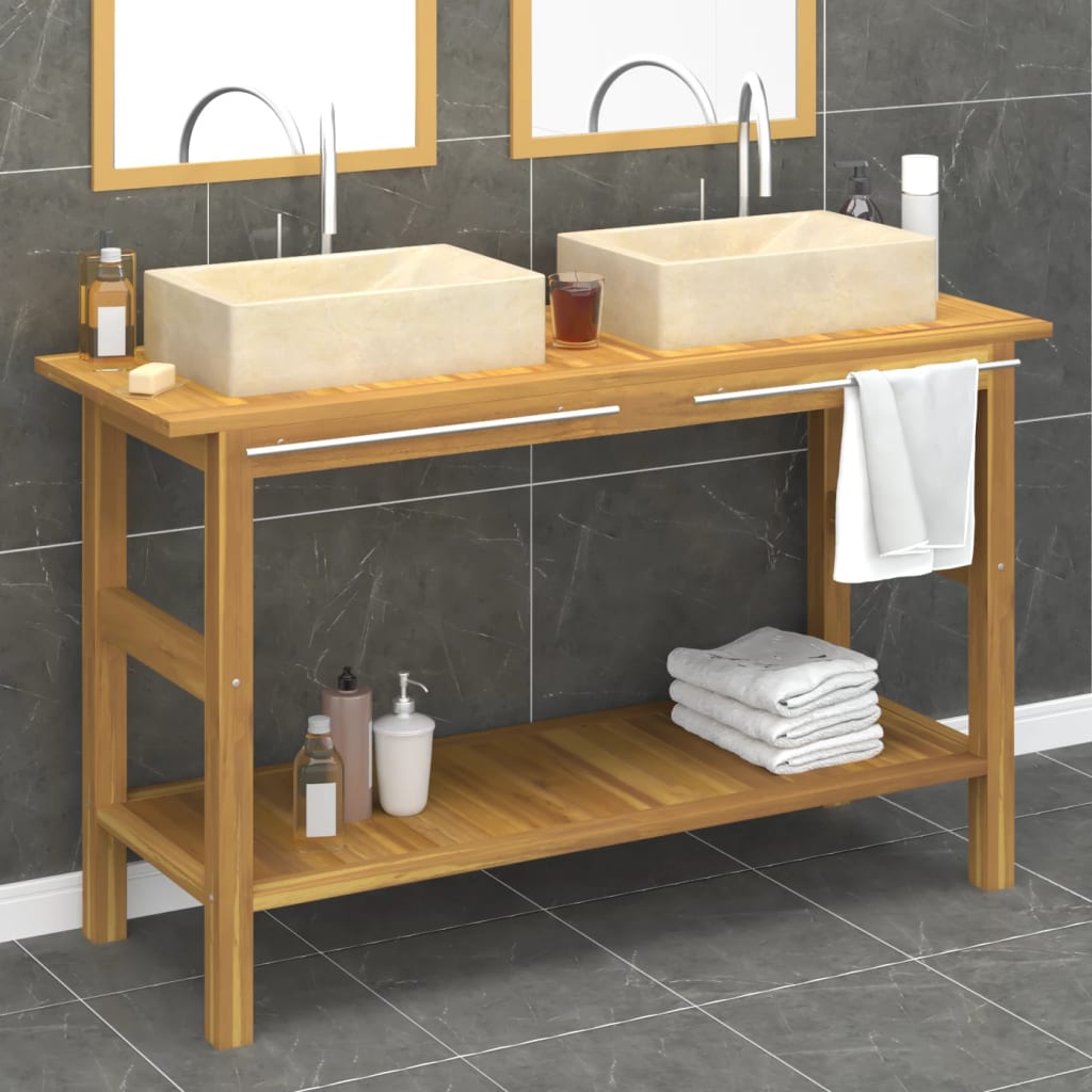 vidaXL Washbasin cabinet with sinks solid teak wood marble black