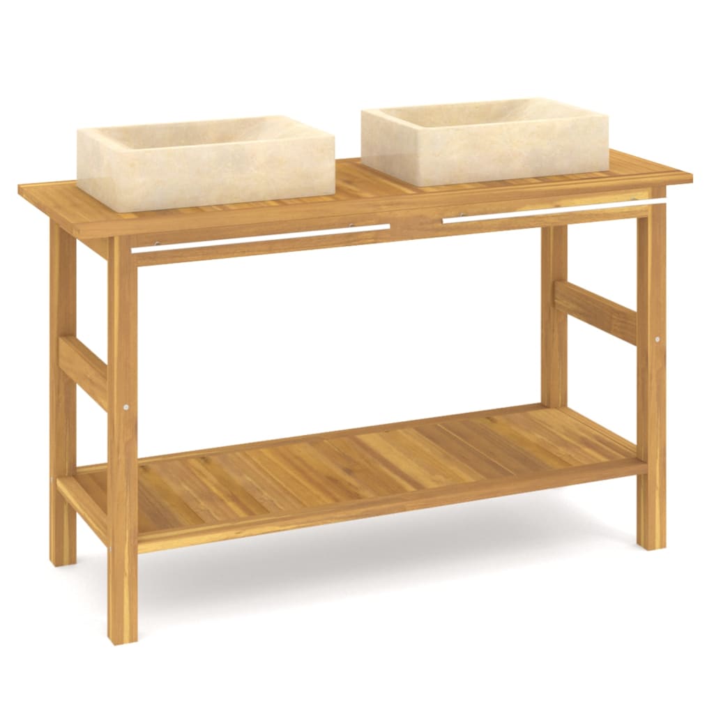 vidaXL Washbasin cabinet with sinks solid teak wood marble black