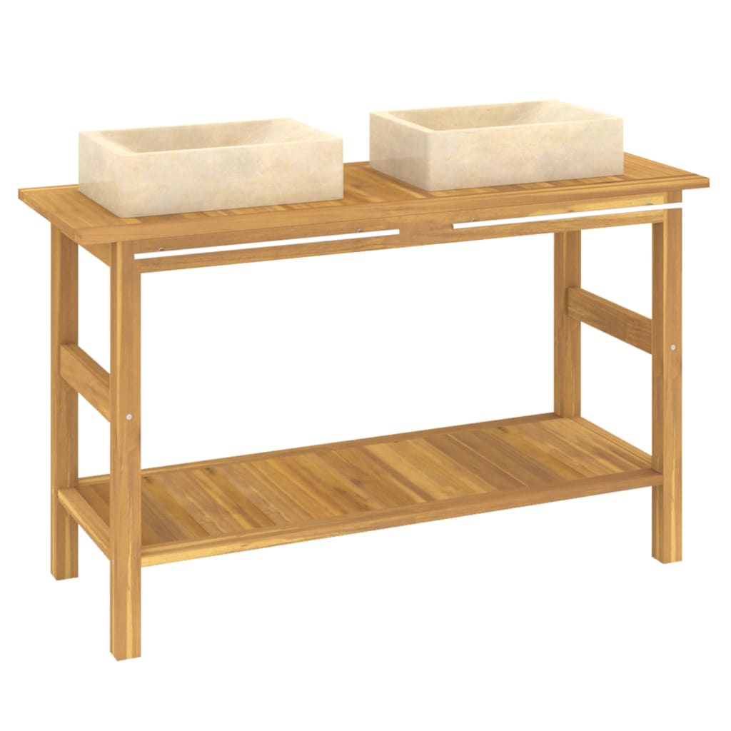 vidaXL Washbasin cabinet with sinks solid teak wood marble black