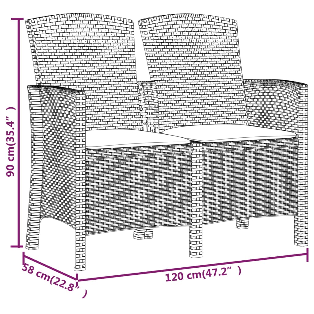 vidaXL 2-Seater Garden Bench with Cushions PP Rattan Brown