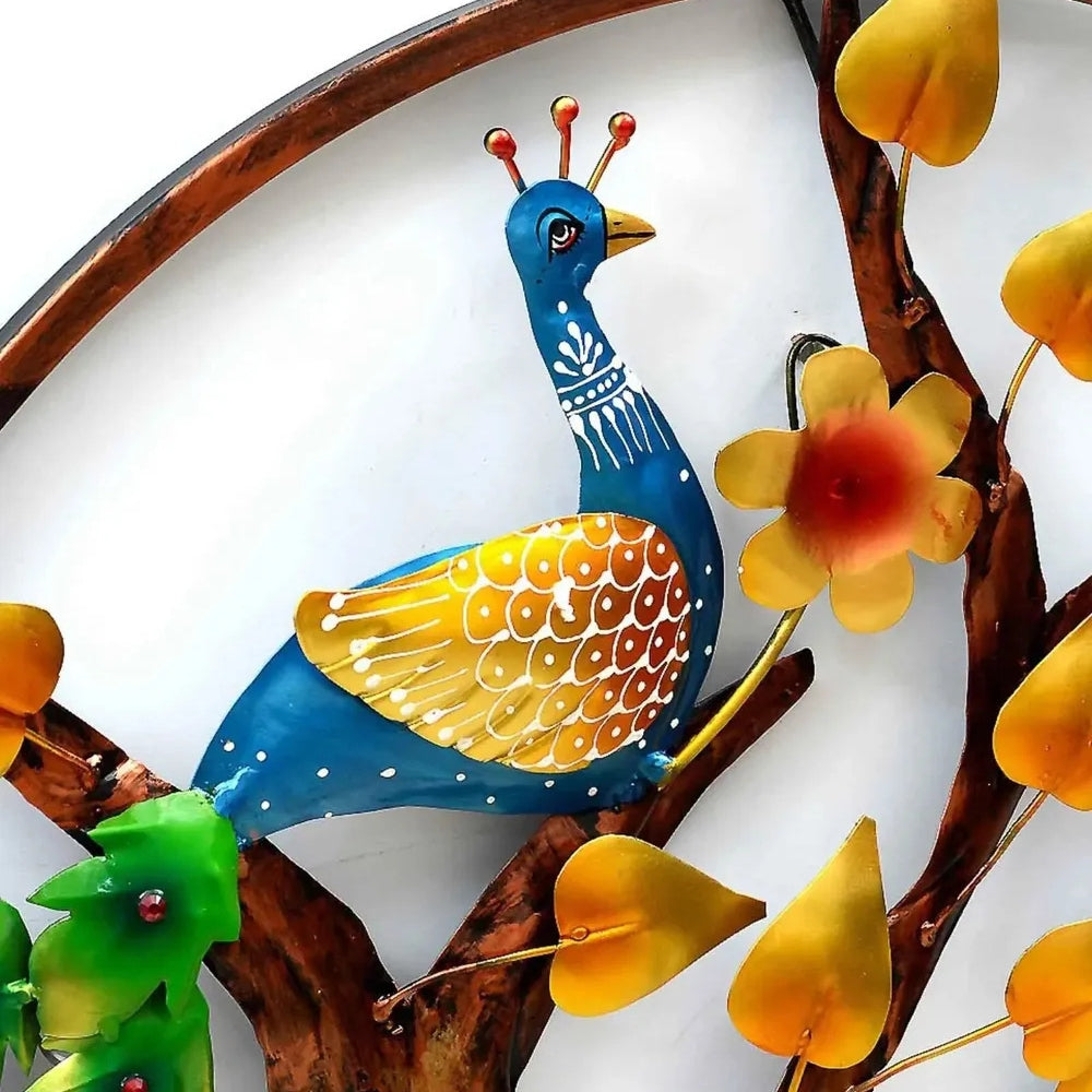 Aashly Metalen Wanddecoratie Boom met Pauwen –  Ronde Wandkunst Nature Design