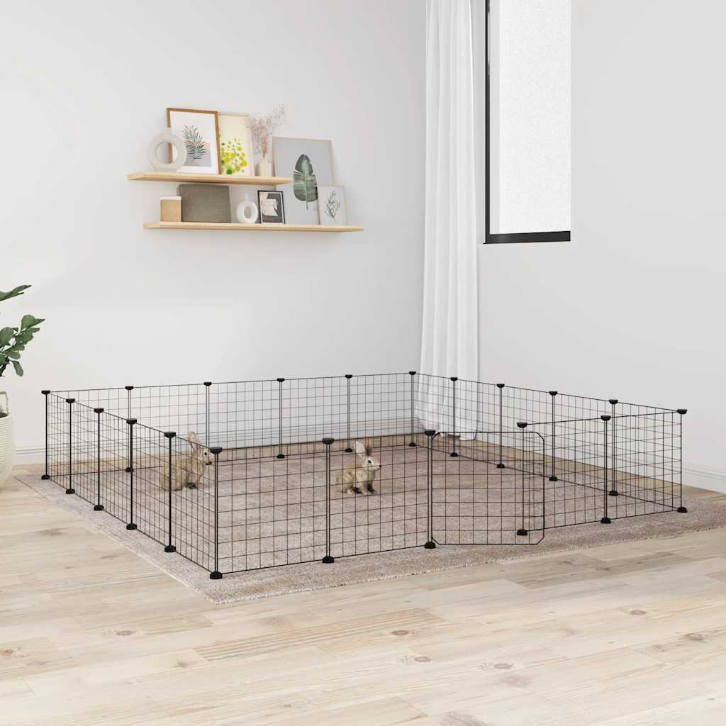 vidaXL Huisdierenkooi met deur 28 panelen 35x35 cm staal zwart - Aashly