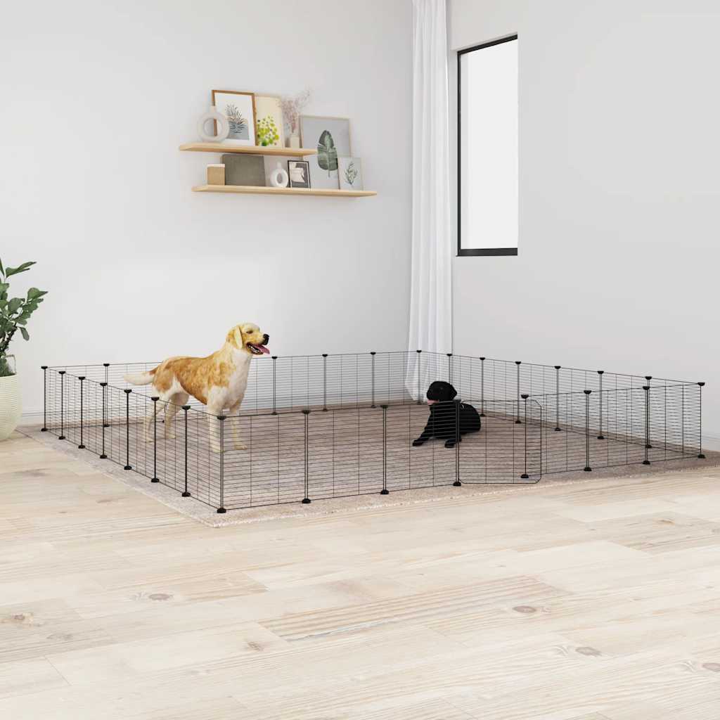 vidaXL Huisdierenkooi met deur 28 panelen 35x35 cm staal zwart - Aashly