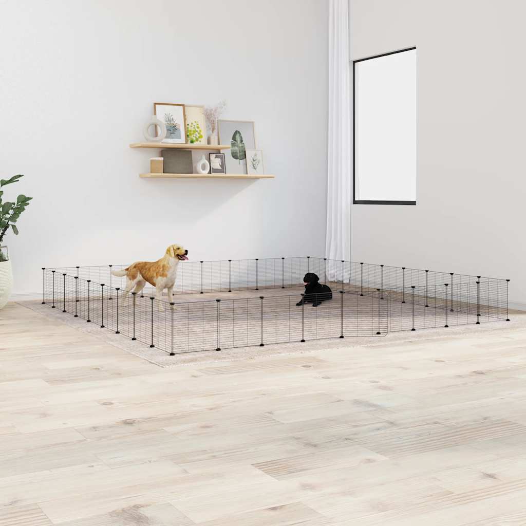vidaXL Huisdierenkooi met deur 28 panelen 35x35 cm staal zwart - Aashly