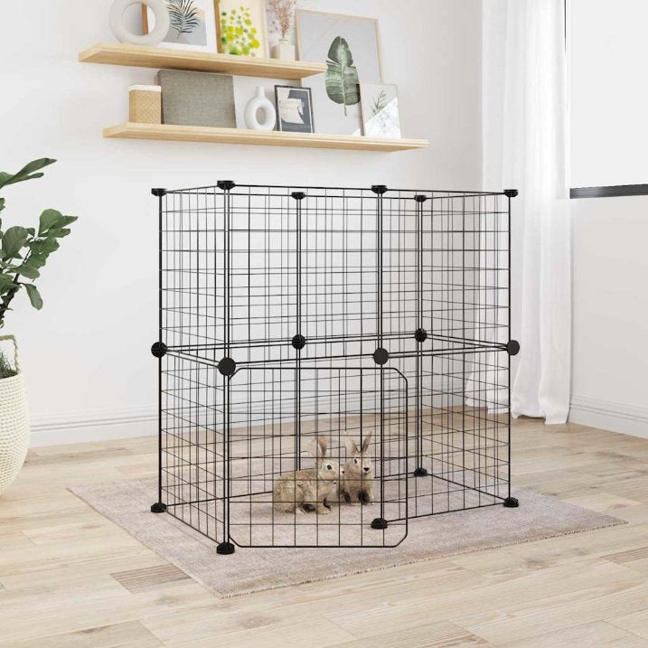 vidaXL Huisdierenkooi met deur 20 panelen 35x35 cm staal zwart - Aashly