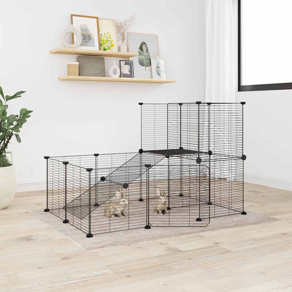 vidaXL Huisdierenkooi met deur 36 panelen 35x35 cm staal zwart - Aashly