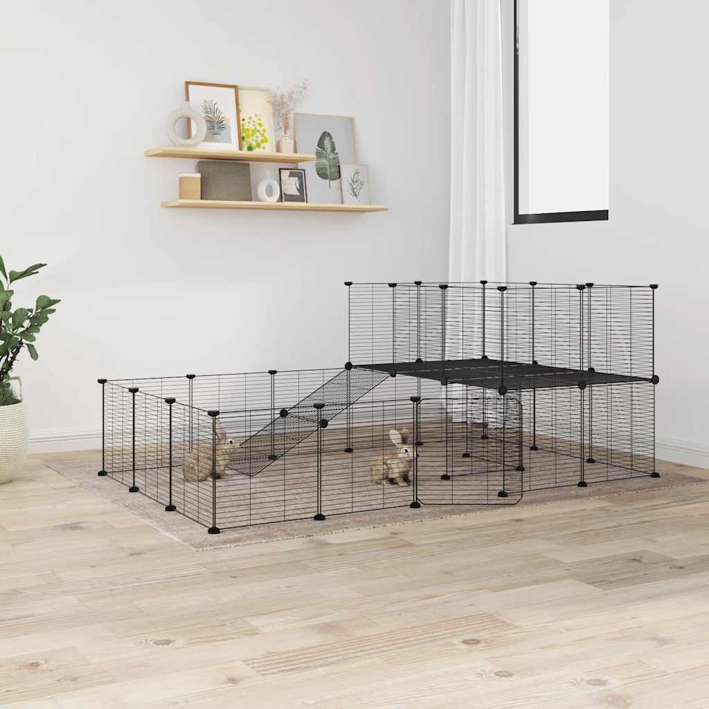 vidaXL Huisdierenkooi met deur 36 panelen 35x35 cm staal zwart - Aashly