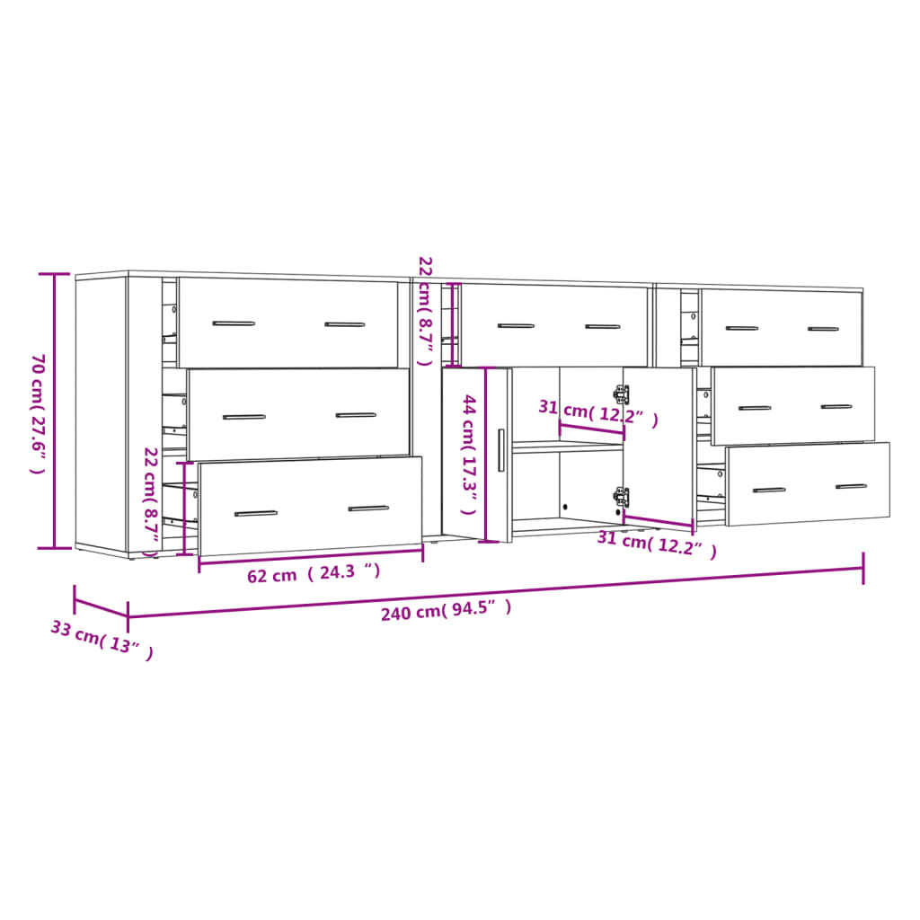 vidaXL Dressoirs 3 st bewerkt hout sonoma eiken - Aashly