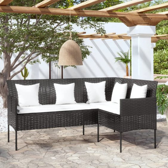 vidaXL Loungebank met kussens L-vormig poly rattan zwart - Aashly