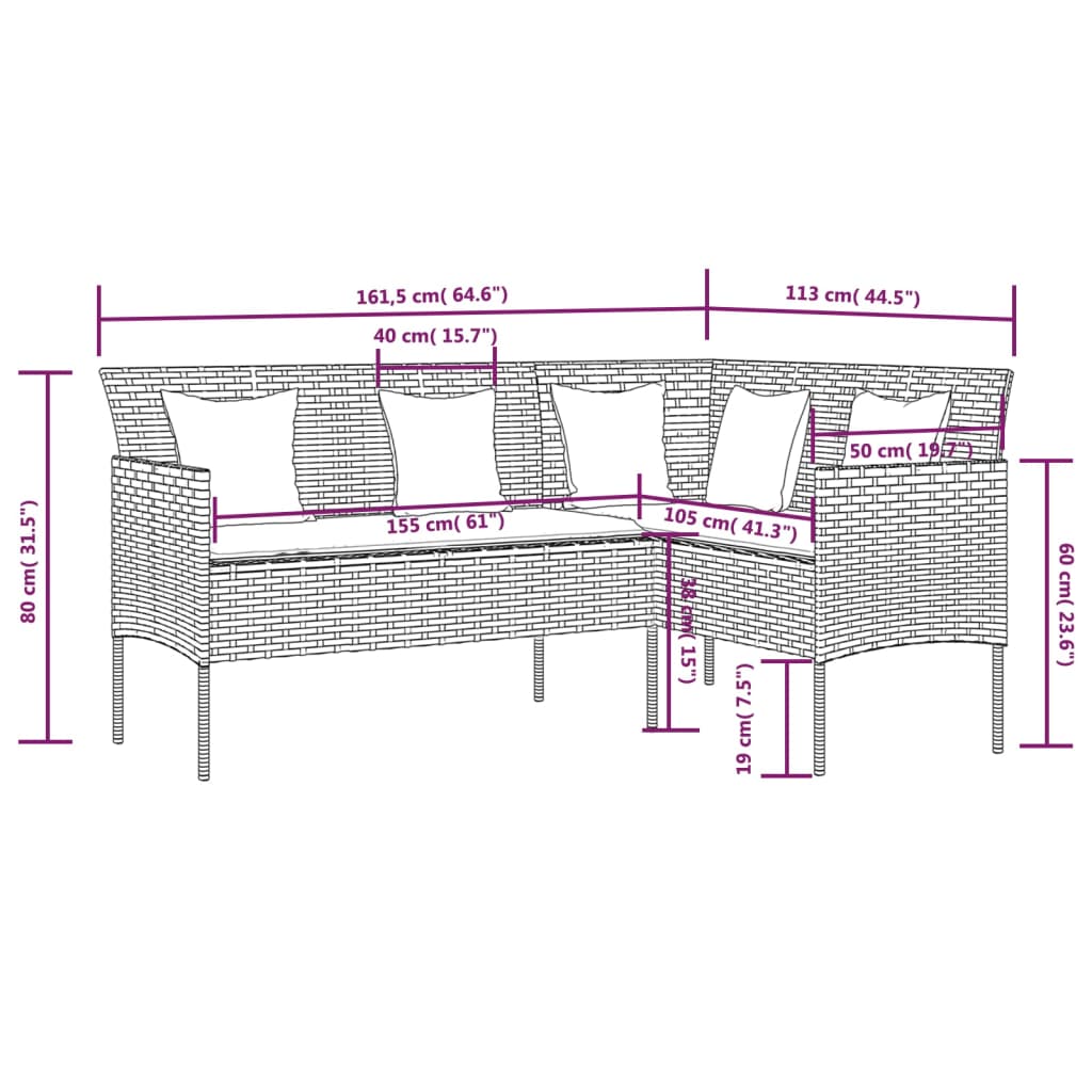 vidaXL Loungebank met kussens L-vormig poly rattan zwart - Aashly