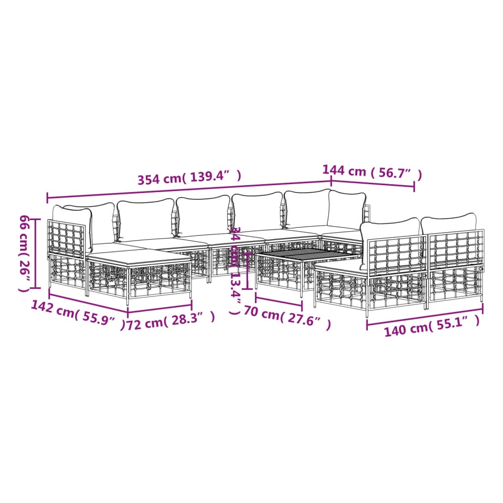 vidaXL 10-delige Loungeset met kussens poly rattan antracietkleurig - Aashly