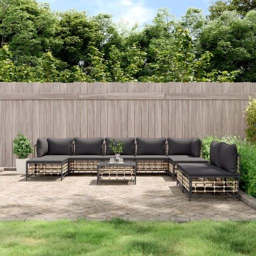 vidaXL 10-delige Loungeset met kussens poly rattan antracietkleurig - Aashly