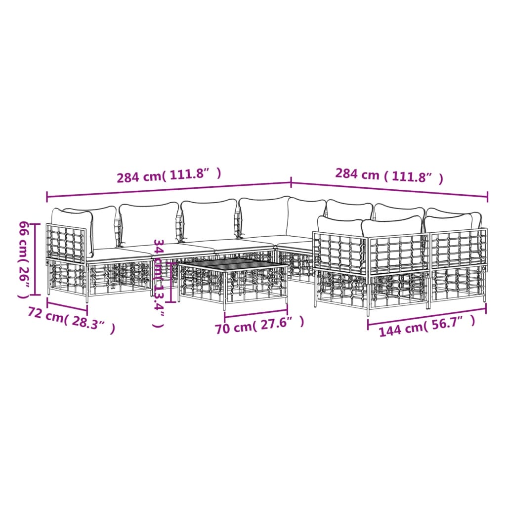 vidaXL 9-delige Loungeset met kussens poly rattan antracietkleurig - Aashly
