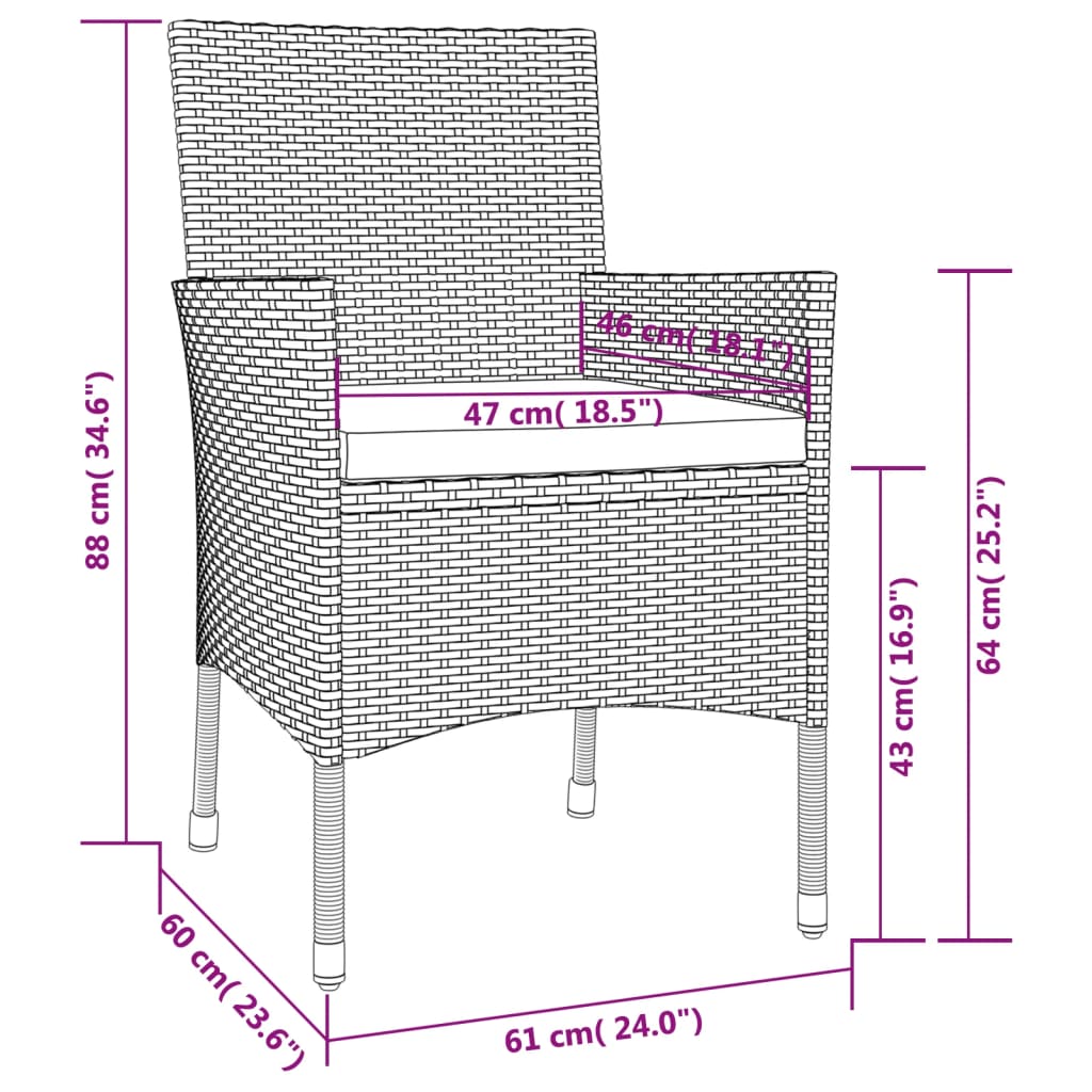 vidaXL 3-delige Tuinset met kussens poly rattan grijs