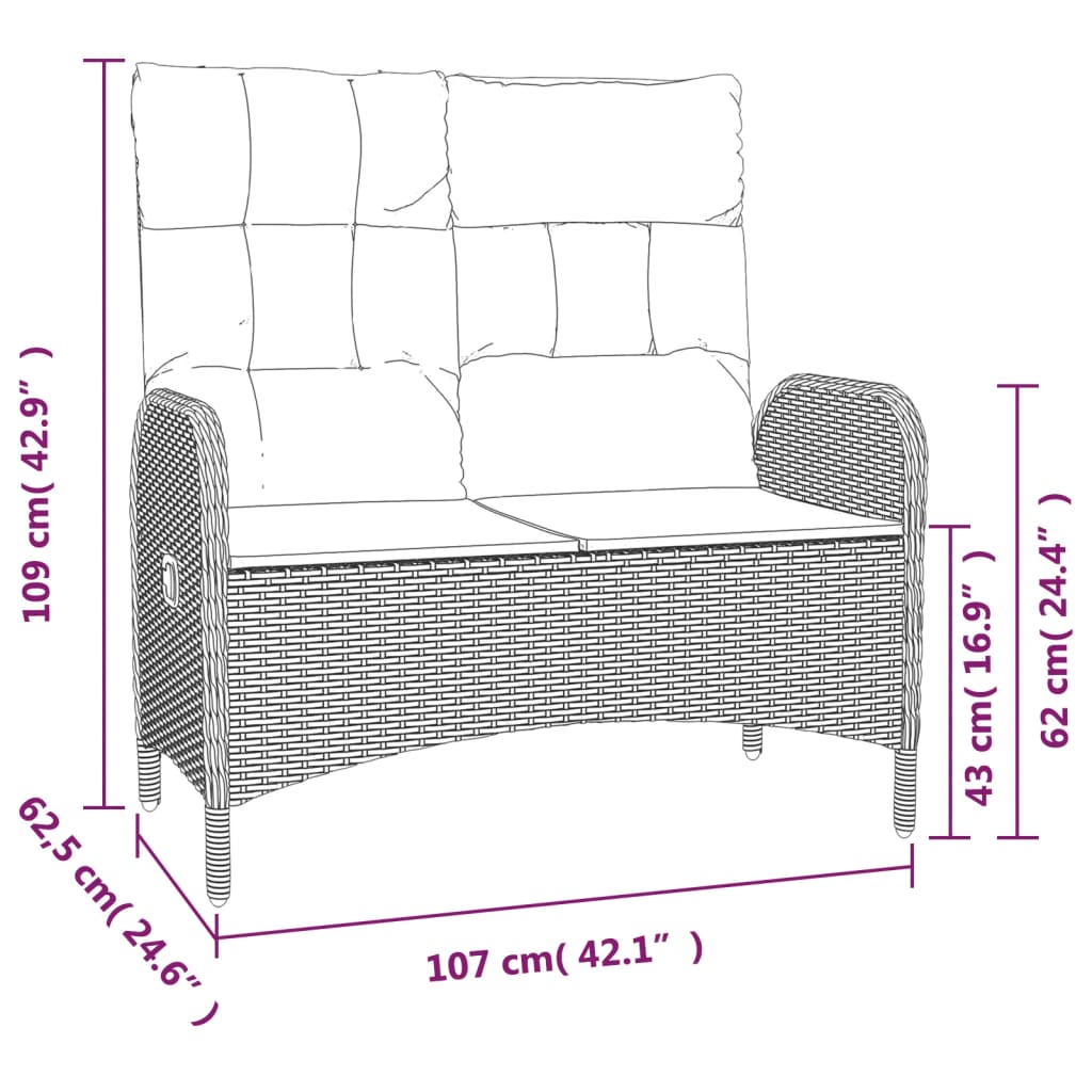 vidaXL Tuinbank verstelbaar met kussens 107 cm poly rattan grijs - Aashly