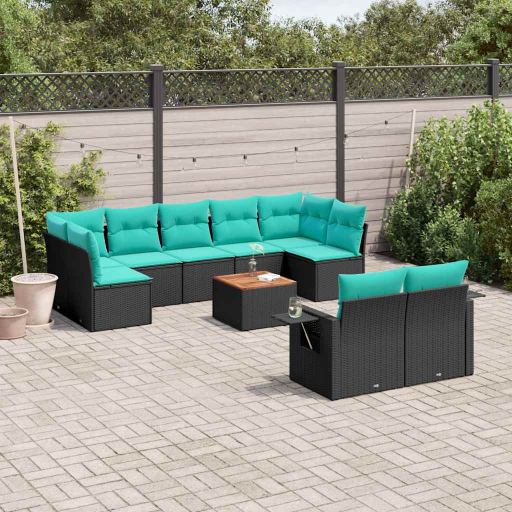 vidaXL 10-delige tuinbankset met kussens van zwart polyrotan