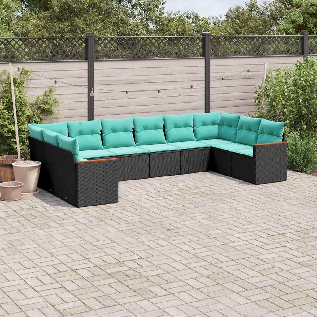 vidaXL 10-delige tuinbankset met kussens van zwart polyrotan
