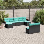 vidaXL 9-delige tuinbankset met kussens van zwart polyrotan