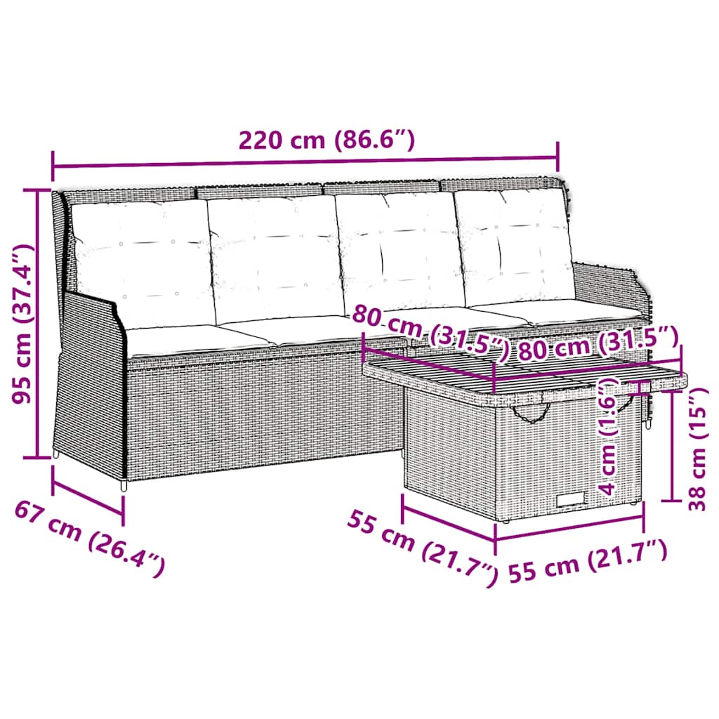 vidaXL 3-delige Loungeset met kussens poly rattan zwart