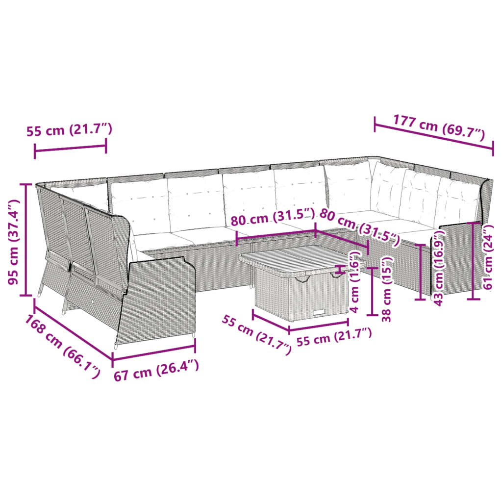 vidaXL 7-Piece Lounge Set with Cushions Poly Rattan Grey