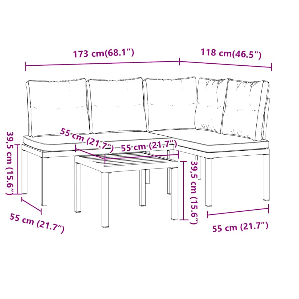 vidaXL 3-delige Loungeset met kussens gepoedercoat staal zwart