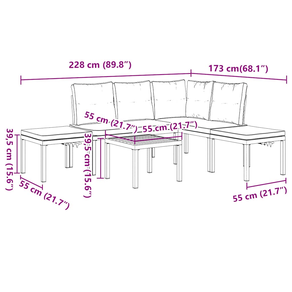 vidaXL 4-delige Loungeset met kussens gepoedercoat staal zwart