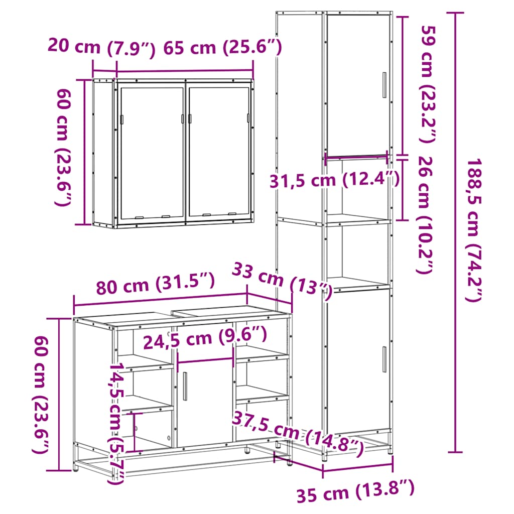 vidaXL 3-delige Badkamermeubelset bewerkt hout sonoma eikenkleurig - Aashly