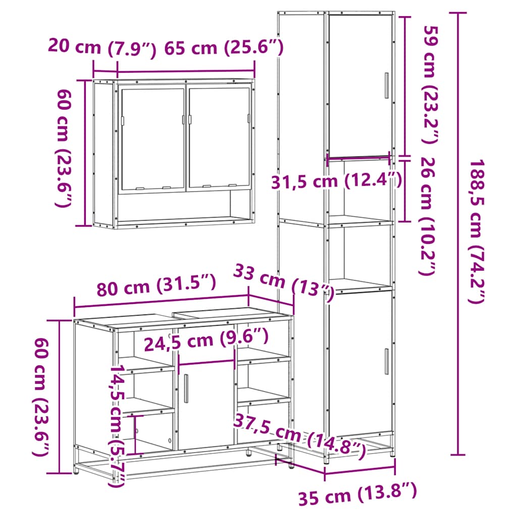 vidaXL 3-delige Badkamermeubelset bewerkt hout sonoma eikenkleurig - Aashly